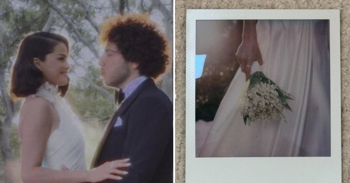 bride selena gomez wows fans floral neckline wedding dress