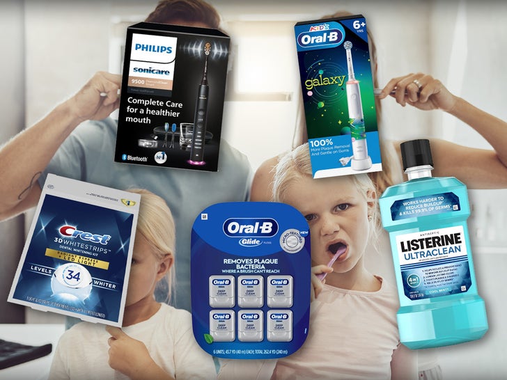 Family Brushing Their Teeth Surrounded By Oral Healthcare Products