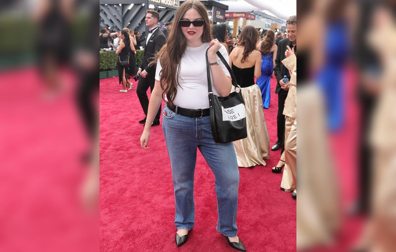 emmys-red-carper-meghan-salter-1757895029384 Photo of Megan Stalter.