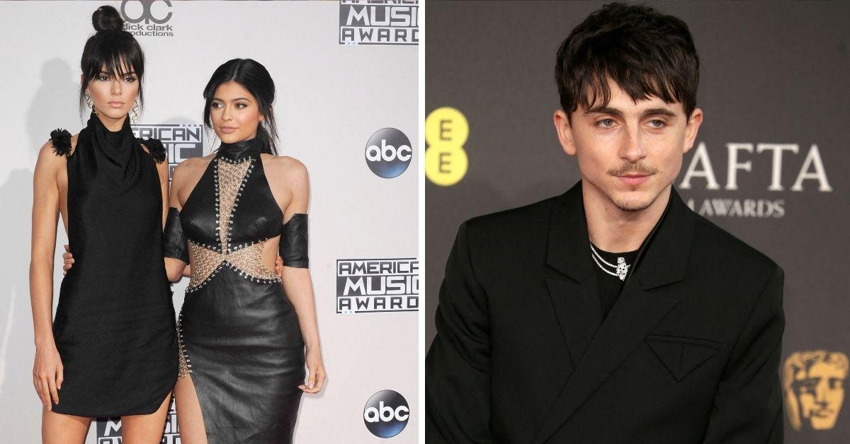 Split photo of Kylie Jenner with Kendall Jenner, and Timothée Chalamet