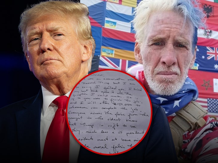 Donald Trump in a suit, attempted Trump assassin Ryan Wesley Routh, and Routh's letter in which he writes about his effort to kill Trump and encourages others to finish