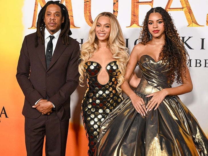 Tina Knowles, Jay-Z, Beyoncé and Blue Ivy Carter attend the Los Angeles premiere of Disney's
