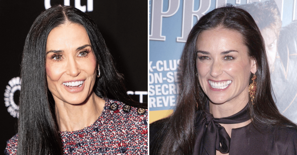 Split photo of Demi Moore in 2025, Demi Moore in 2003
