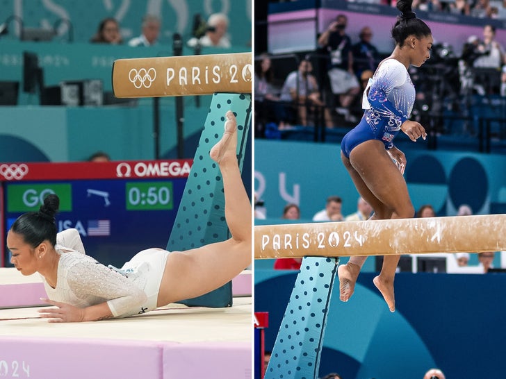 Simone Biles And Suni Lee Falling Off The Balance Beam