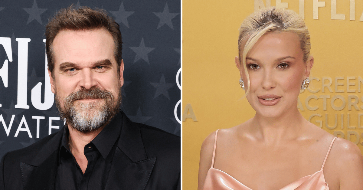 Split photo of David Harbour, Millie Bobby Brown
