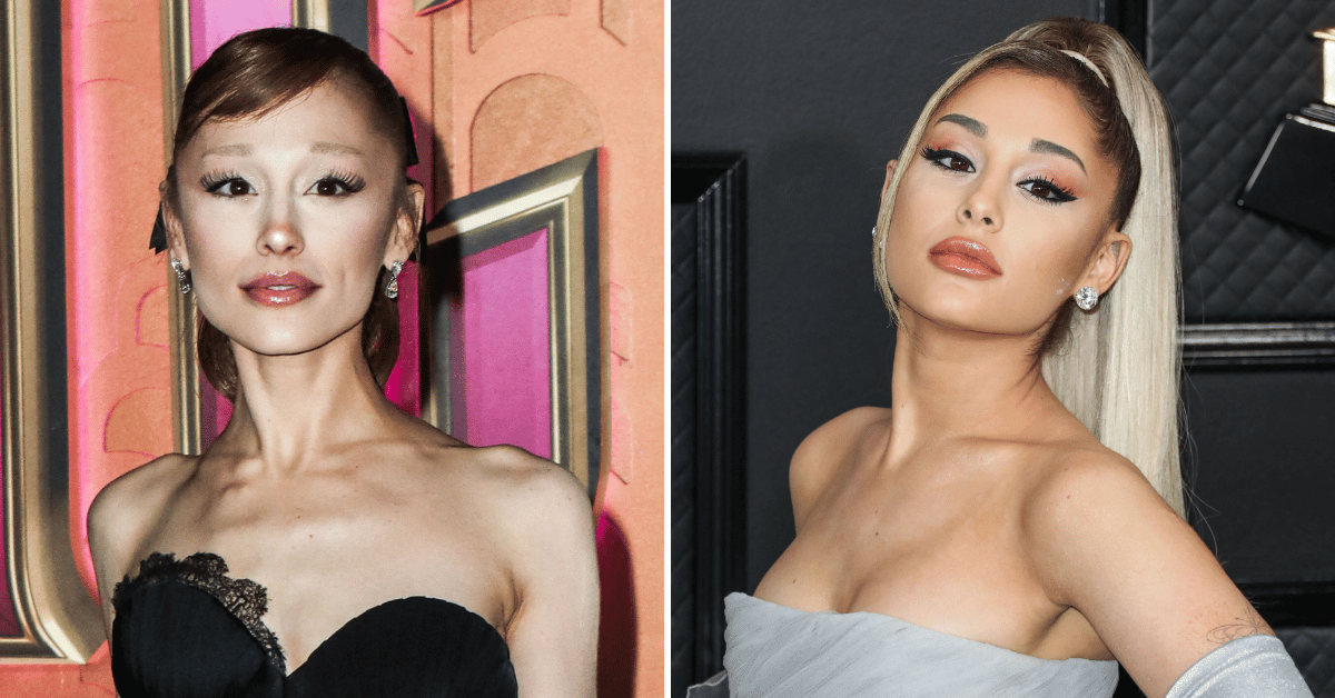 Split photo of Ariana Grande in 2025, Ariana Grande in 2020