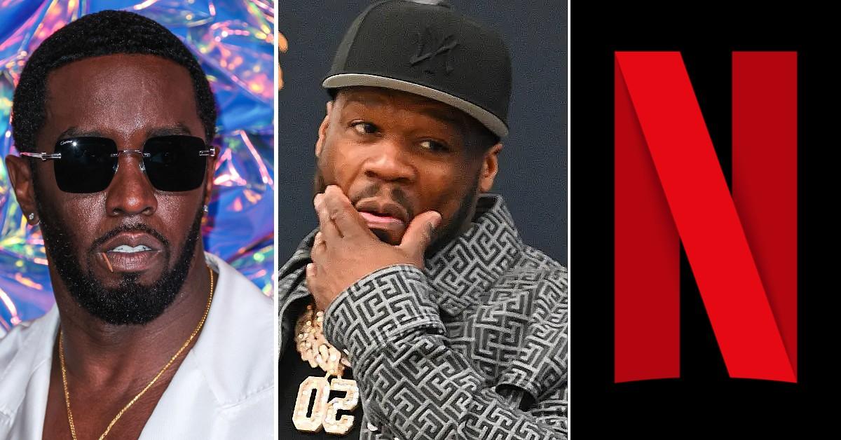 Split photo of Sean 'Diddy' Combs, Curtis '50 Cent' Jackson and Netflix logo