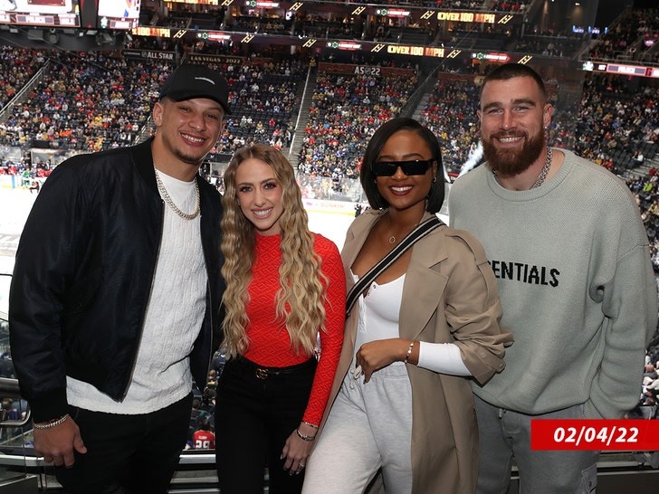 Patrick Mahomes of the Kansas City Chiefs, Brittany Matthews, Kayla Nicole and Travis Kelce