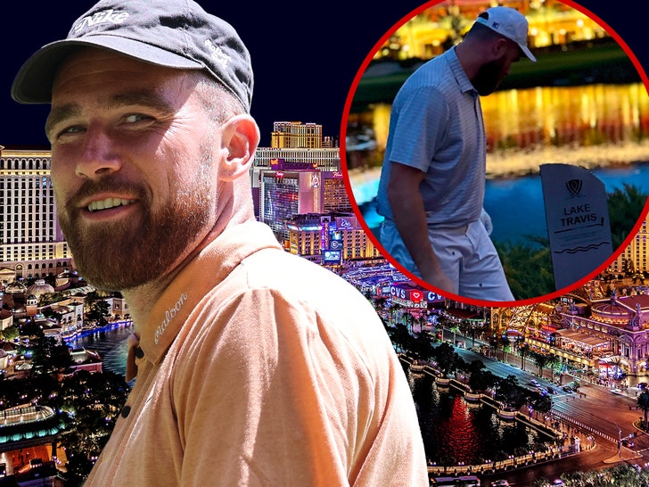 Travis Kelce in Las Vegas wearing golf slacks and a polo shirt.
