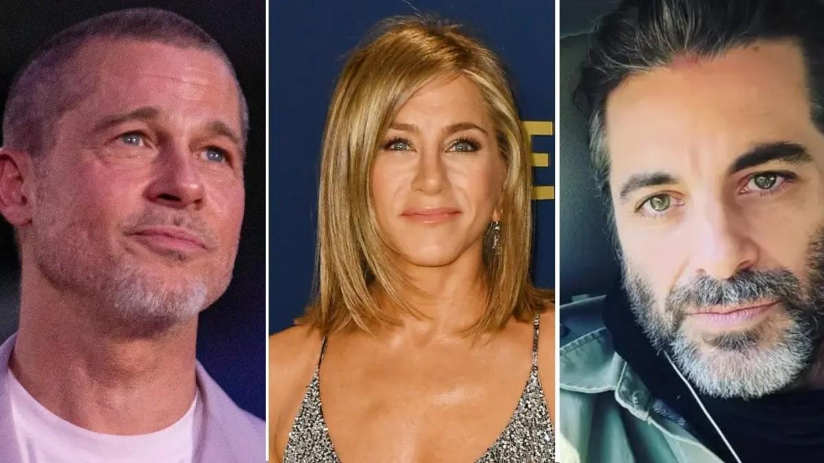 Split photos of Brad Pitt, Jennifer Aniston and Jim Curtis