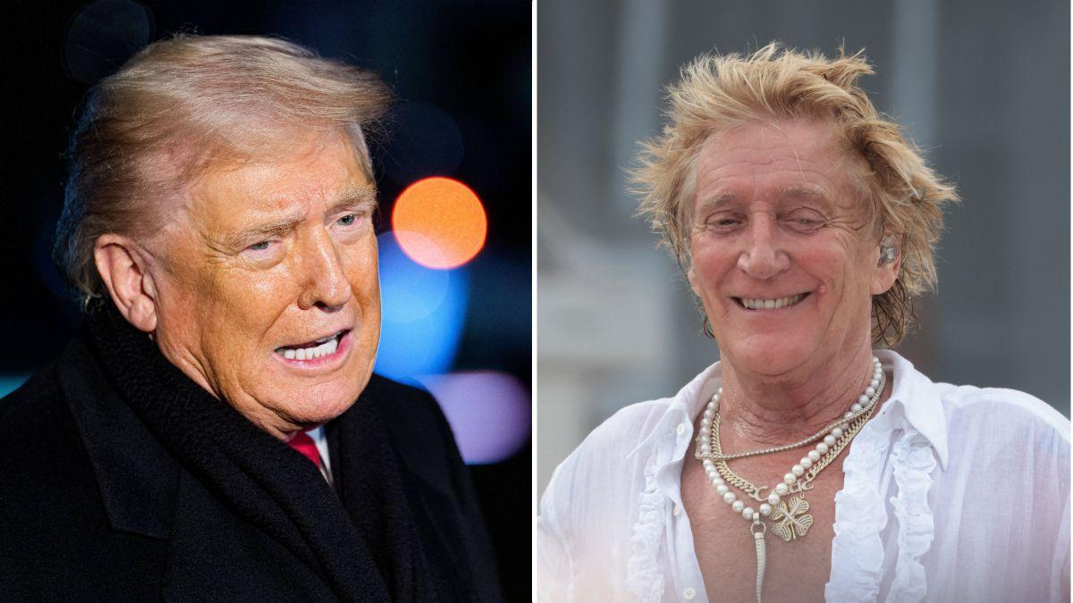 Split photo of Rod Stewart and Donald Trump