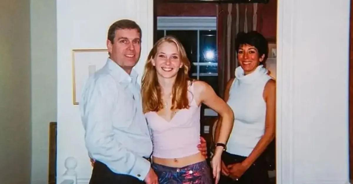 Photo of Andrew Windsor, Ghislaine Maxwell and Virginia Giuffre