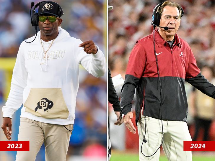 Nick Saban in Alabama coaching gear and then Deion in Colorado Buffaloes