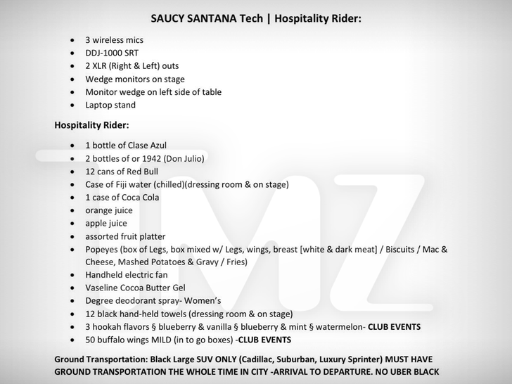 Saucy Santana main hospitality rider