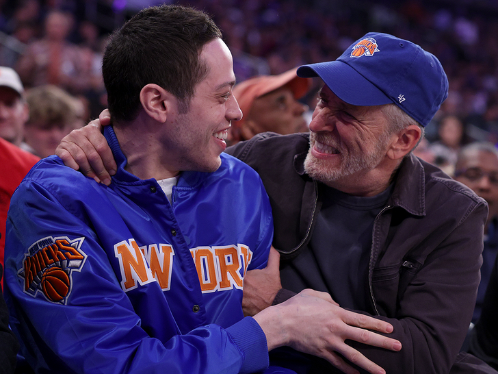 6c85aabfdbcf42a6b66a219ef3a0aeb3_md Pete Davidson and Jon Stewart attend game Game Four of the Eastern Conference First Round Playoffs