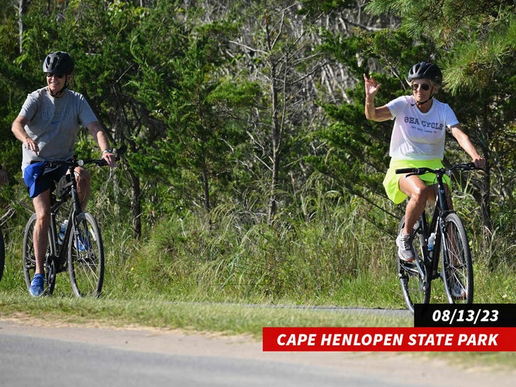 Joe Biden and First Lady Jill Biden ride their bicycles