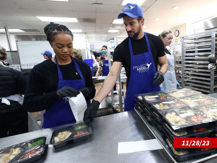 Rachel Lindsay and Bryan Abasolo attend Thanksgiving at Project Angel Food