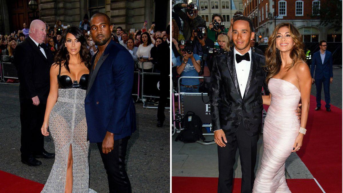 Split photo of Kim Kardashian with Kanye West and Lewis Hamilton with Nicole Scherzinger.