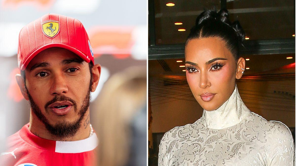 Split photo of Kim Kardashian and Lewis Hamilton